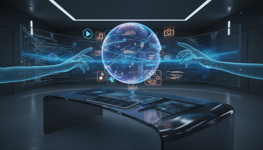 A futuristic digital workspace featuring AI-driven automation, holographic data visualizations, and creative content symbols floating above a sleek desk, professional lighting, cinematic style, high quality.