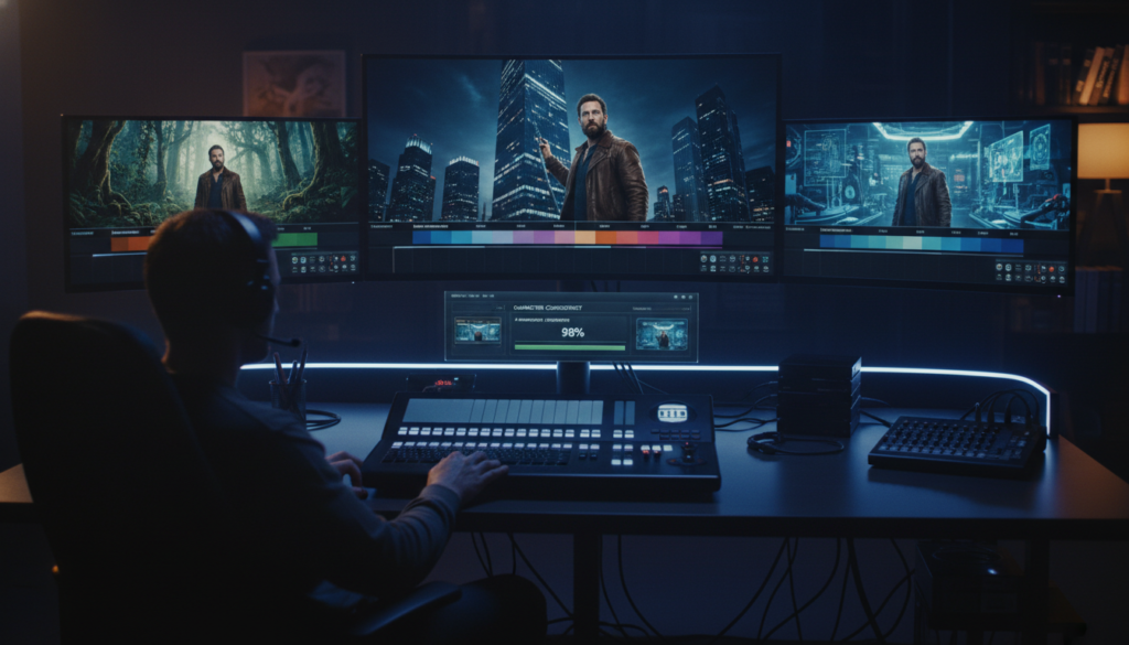 
Görsel Promptu

A professional cinematic workspace with high-tech monitors displaying a cohesive movie timeline. The screen shows a consistent character appearing in various story scenes such as a forest, a city, and a futuristic lab. Dramatic lighting, 8k resolution, photorealistic style, film production atmosphere, sleek digital interface showing character consistency tools.