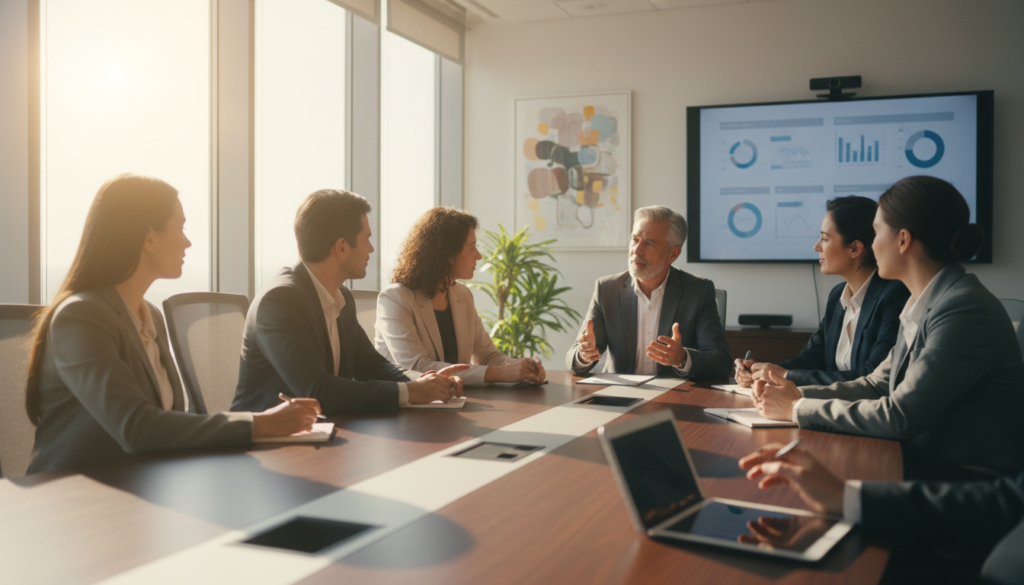 A professional and high-end corporate training session in a modern, sunlit boardroom. A small group of diverse professionals engaging in deep discussion with a mentor. High-quality photography, cinematic lighting, 8k resolution, focused on collaboration and skill development.