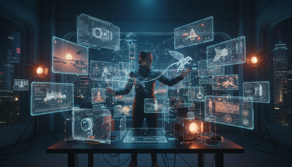 Görsel Promptu A futuristic film director's studio where a person uses advanced holographic interfaces and AI tools to create cinematic scenes, blending traditional camera lenses with glowing digital neural networks, cinematic blue and orange lighting, hyper-realistic, 8k resolution.