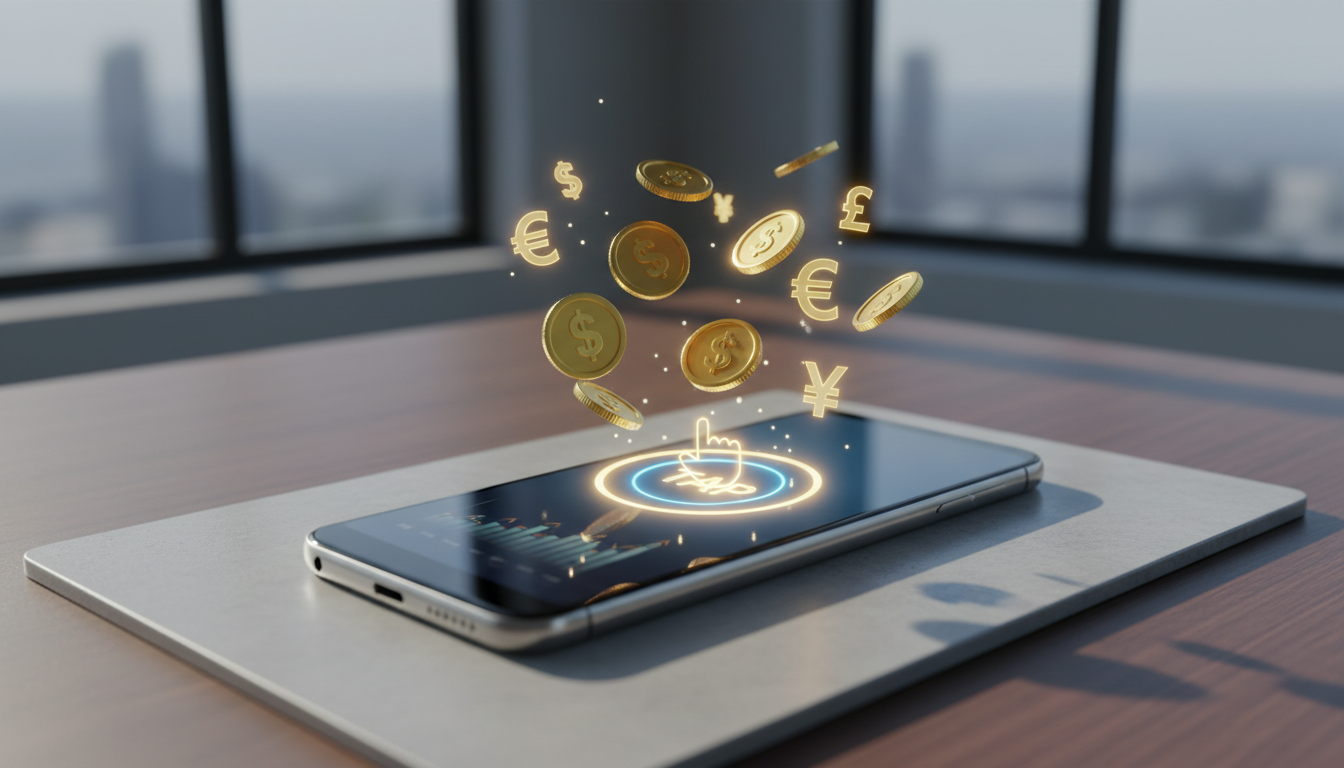 A high-quality 3D render of a sleek smartphone on a modern desk, digital gold coins and currency symbols floating above the screen, a glowing 'tap' icon, professional cinematic lighting, 8k resolution, financial success theme.