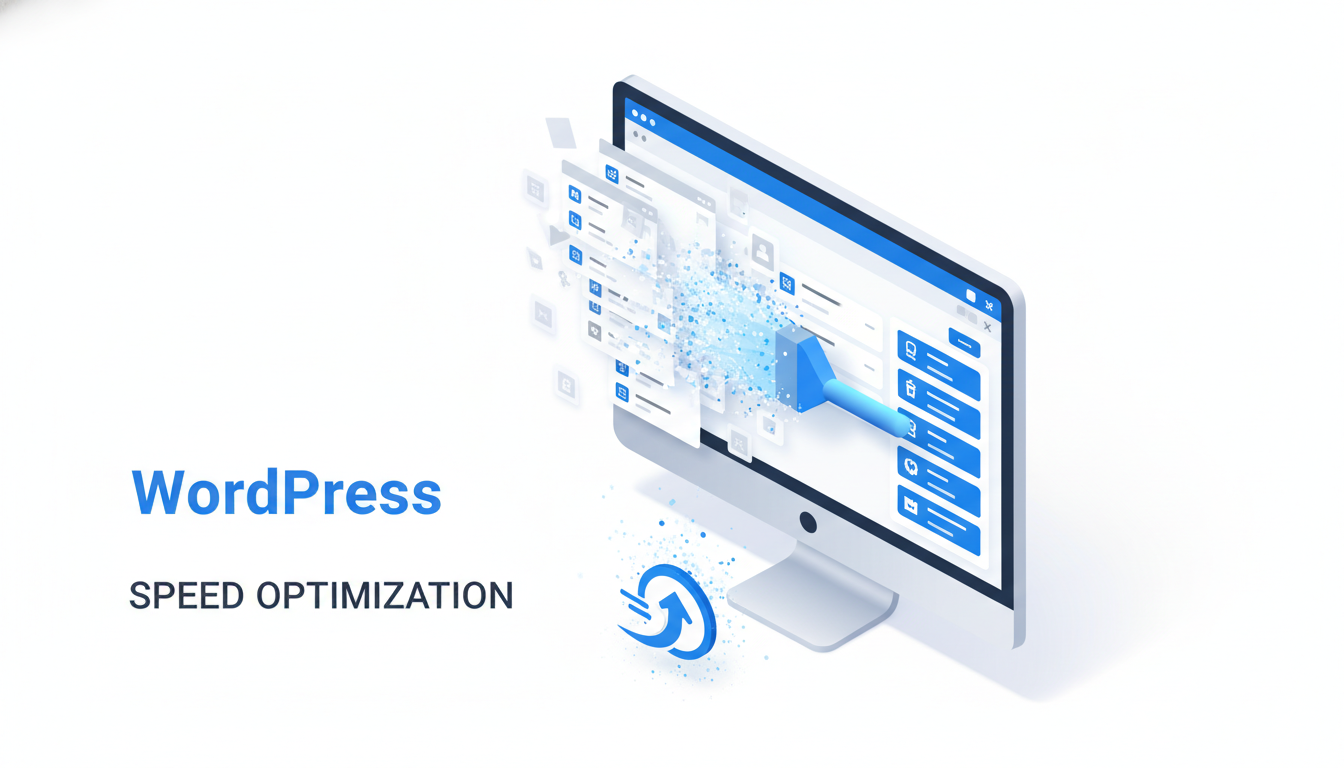 A professional 3D isometric illustration of a computer screen showing a cluttered WordPress dashboard being cleaned by a digital brush, symbolizing website optimization and speed, minimalist style, bright blue and white color palette.