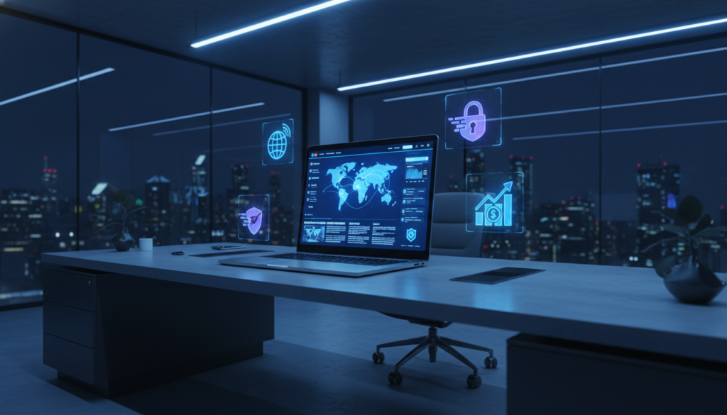 Professional high-tech workspace with a laptop displaying a modern news website dashboard, floating 3D icons representing global news, speed, security, and digital revenue, vibrant blue lighting, clean minimalistic office background, cinematic lighting, 8k resolution.