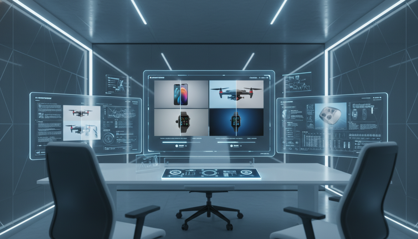 Görsel Promptu A high-tech digital workspace showing a professional software interface for image enhancement. Multiple low-resolution product photos are being transformed into high-definition, sharp, and vibrant 4k images simultaneously. Modern minimalist UI, sleek aesthetics, soft blue and white lighting, hyper-realistic, 8k resolution.