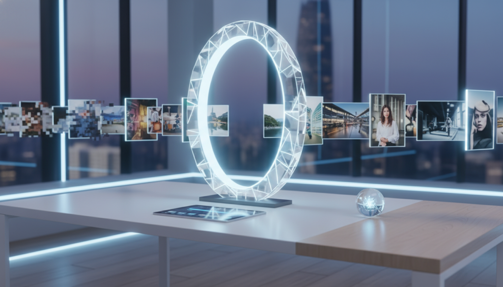 A professional 3D render showing a series of low-resolution digital photos being transformed into high-definition, sharp images as they pass through a futuristic AI processing portal. The scene is set on a clean, modern desk with a minimalist aesthetic, featuring soft blue and white lighting to represent technology and efficiency.