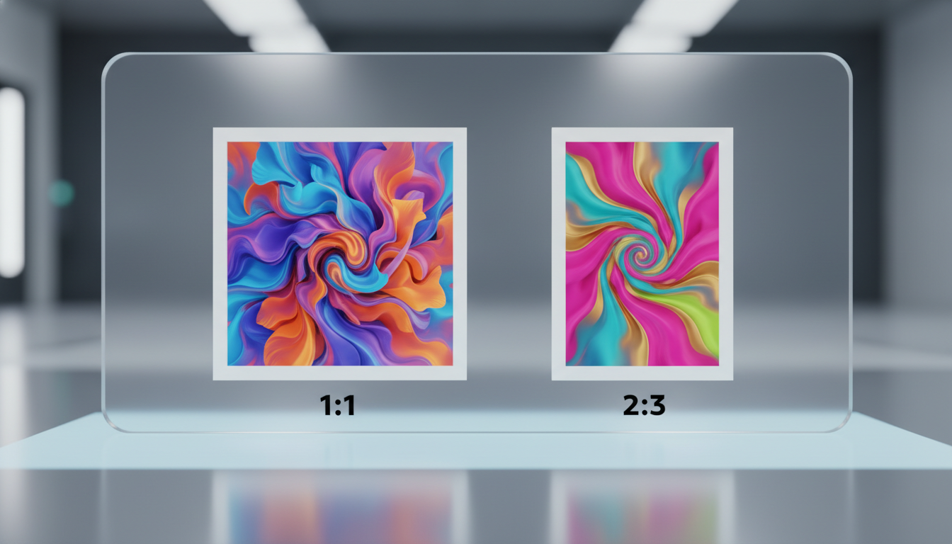 A professional 3D graphic showing the comparison between a square frame and a vertical rectangular frame on a digital workspace. The square frame is labeled 1:1 and the rectangular frame is labeled 2:3. Abstract colorful art inside the frames, clean minimalist aesthetic, high quality studio lighting.
