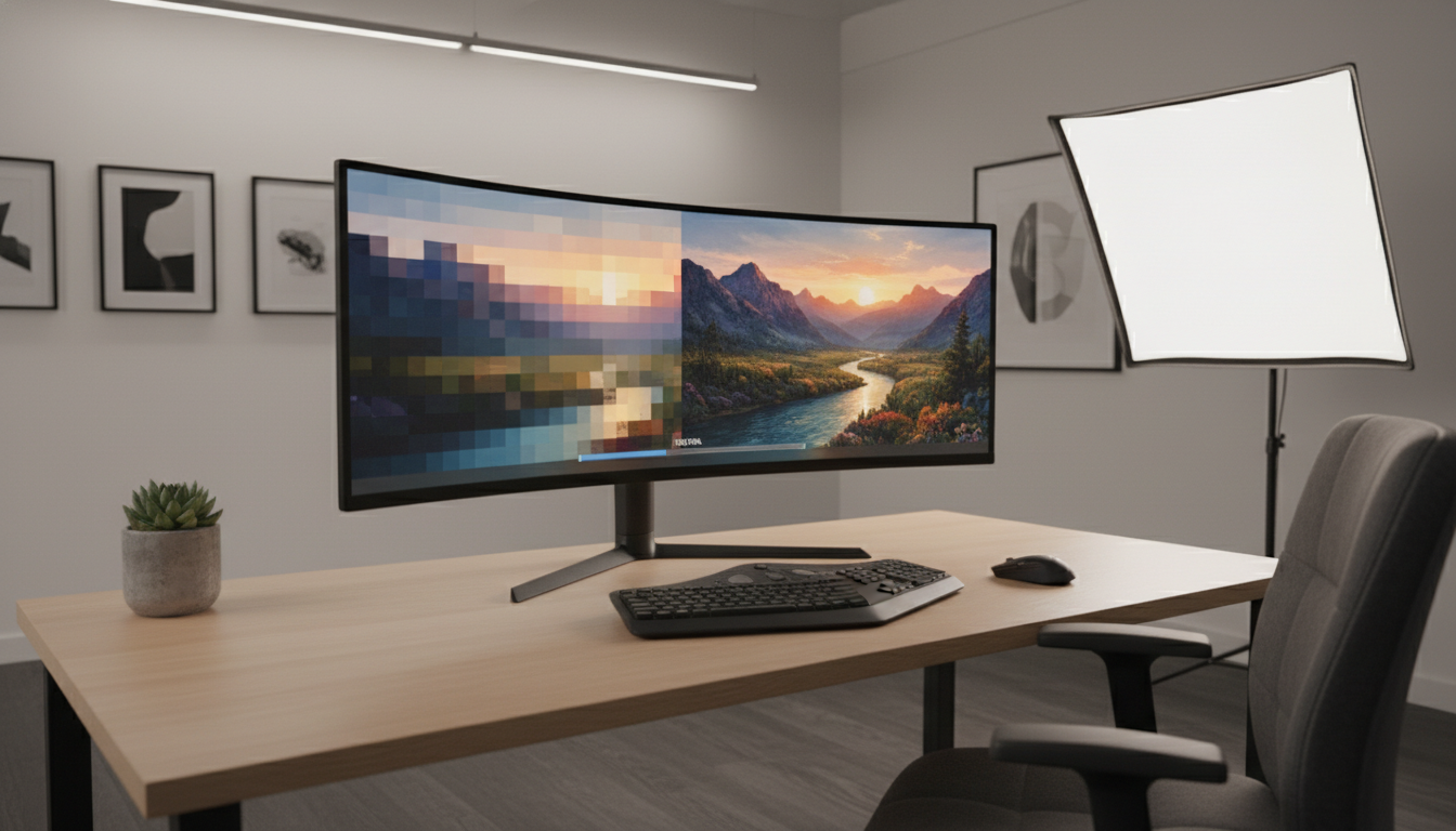 Görsel Promptu Professional workspace with a high-resolution computer monitor showing a digital art piece being upscaled from pixels to a sharp canvas, minimalist design, soft studio lighting, 8k, photorealistic.