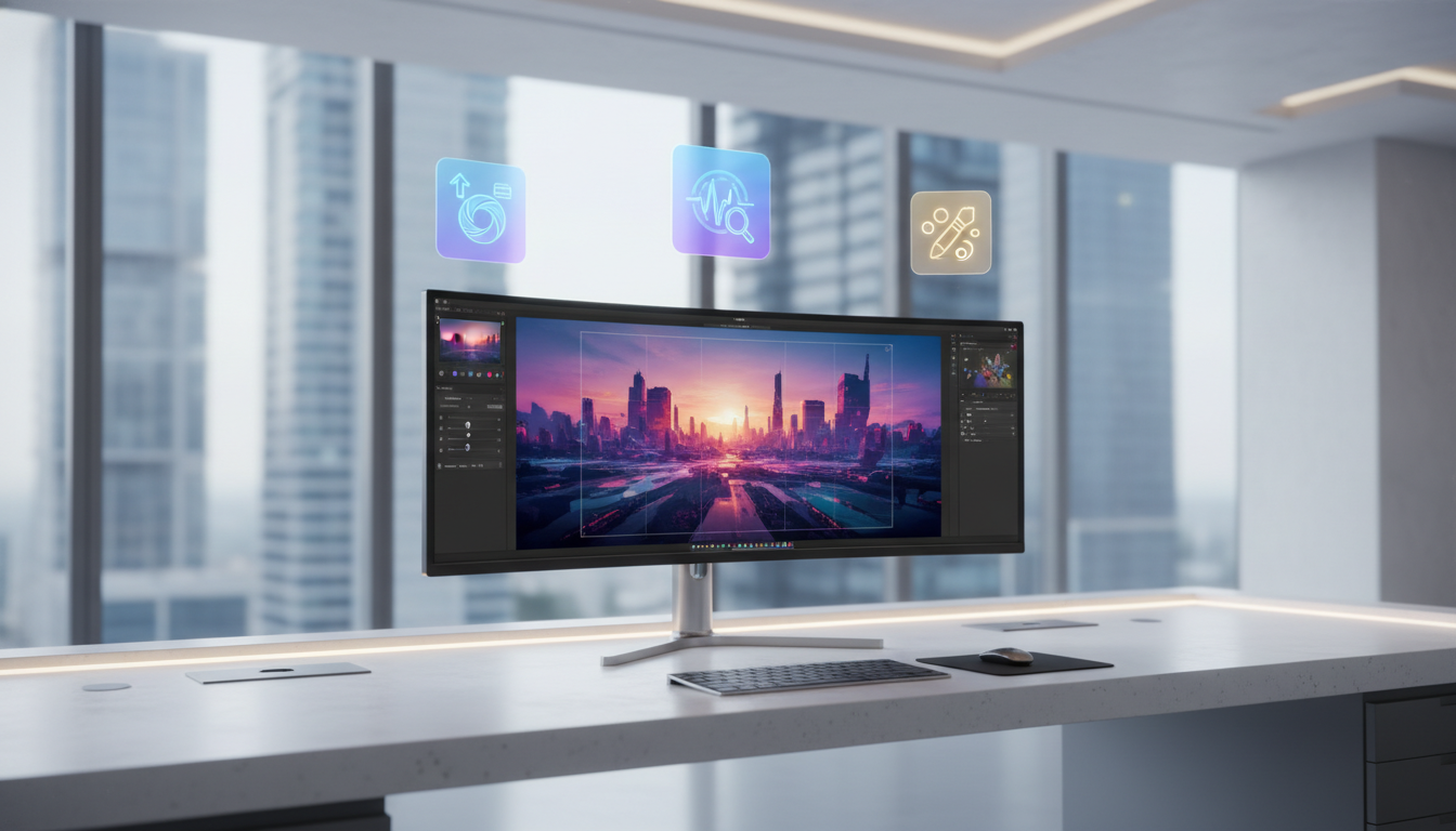 A sleek, modern digital workspace featuring a high-resolution monitor displaying a vibrant image being edited. Floating abstract icons representing photo enhancement, optimization, and creative tools. Bright, professional lighting, cinematic composition, minimalist style.