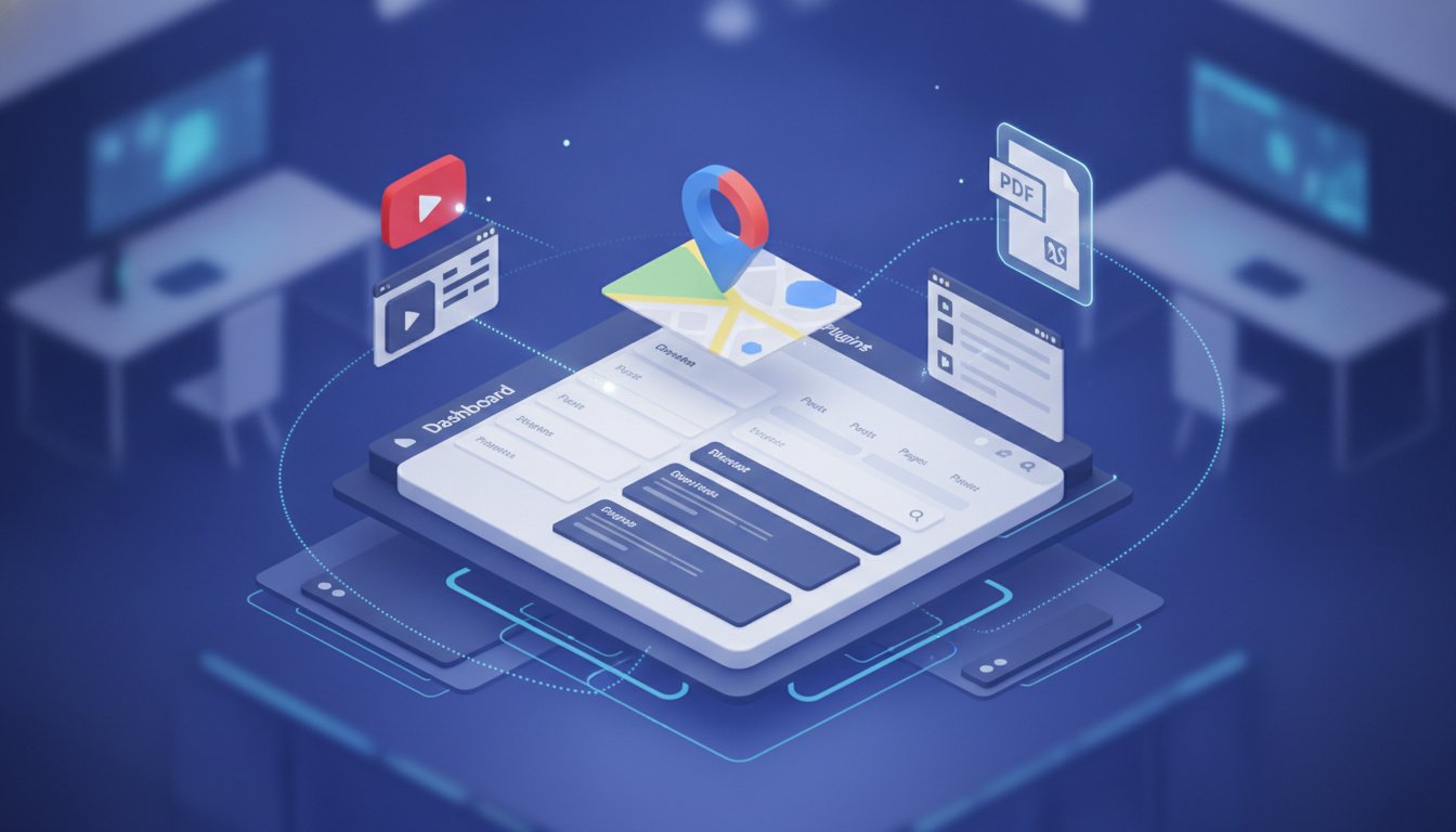 A professional 3D isometric illustration of a WordPress dashboard with floating icons representing YouTube, Google Maps, and PDF documents being seamlessly embedded into a sleek website interface. High-quality digital art, clean UI/UX design, modern workspace aesthetic with soft blue and purple lighting.