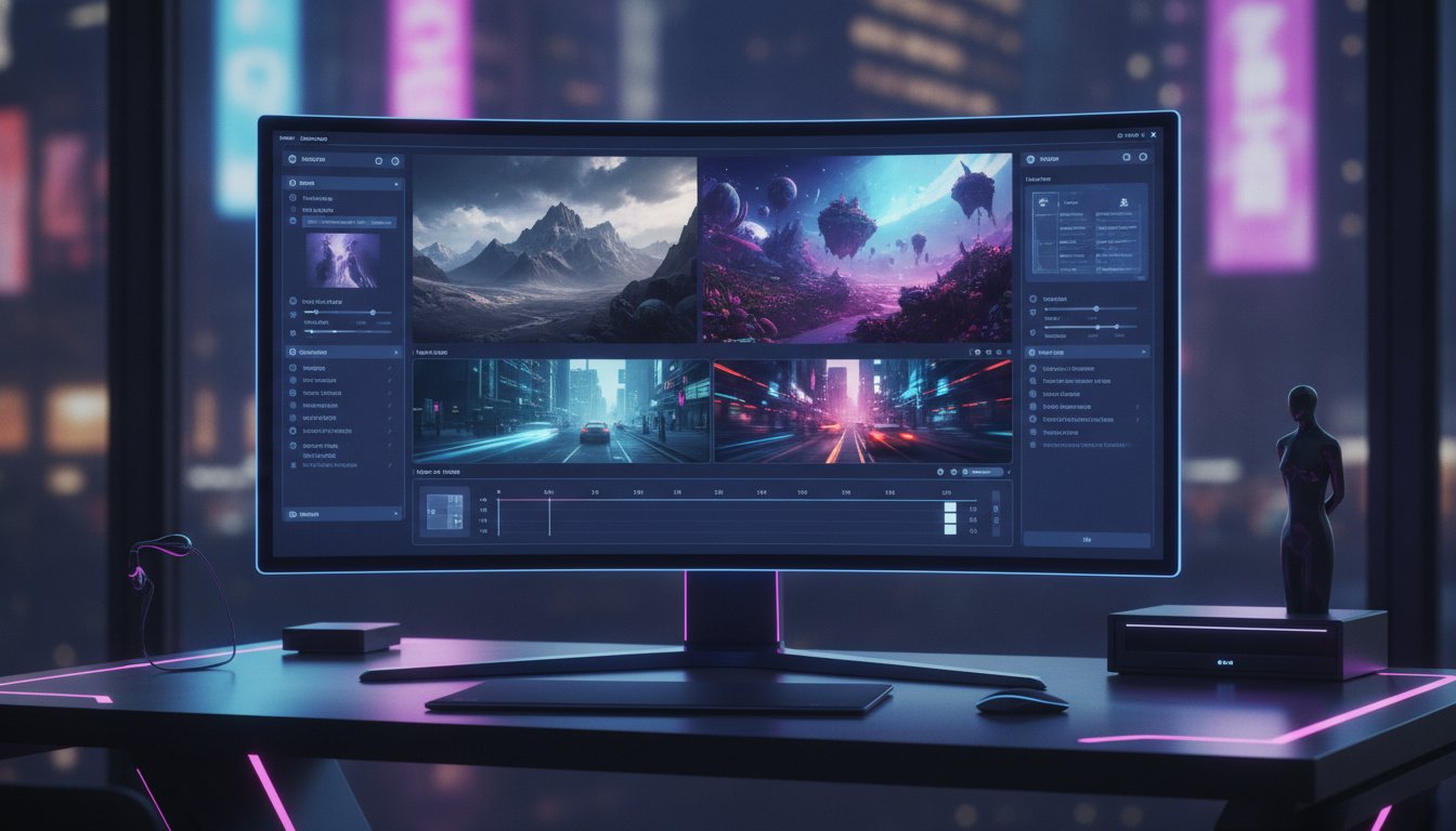 A sleek, professional workspace featuring a futuristic computer screen displaying advanced AI image and video editing software. The interface shows before-and-after transformations of photos and cinematic video clips. Minimalist aesthetic with soft neon accents, 8k resolution, cinematic lighting, and a high-tech digital art style.