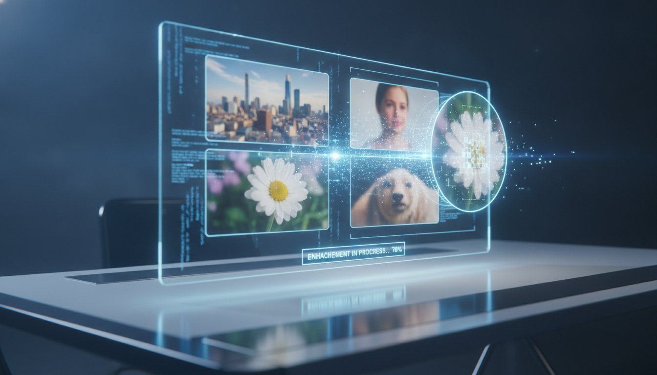 A professional 3D render of a futuristic digital interface showing multiple low-resolution photos being transformed into high-definition crisp images simultaneously. Minimalist workspace, glowing blue and white accents, high-tech aesthetic, macro view of digital pixels sharpening, 8k resolution, cinematic lighting.
