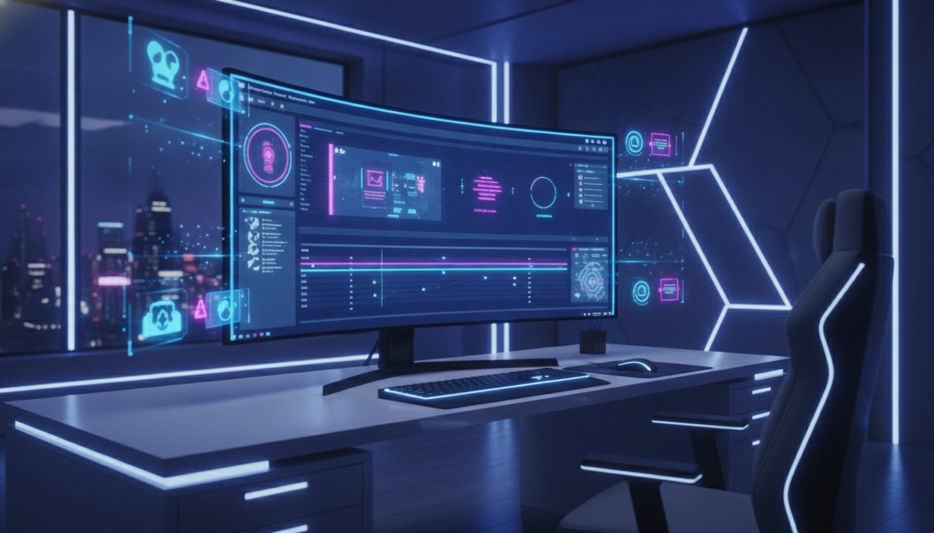Professional cinematic workspace with a high-end computer monitor displaying advanced AI-powered video editing software. Holographic video timelines and creative icons floating around the screen. High-tech, futuristic aesthetic with soft neon blue and purple lighting, 8k resolution, minimalist desk setup.