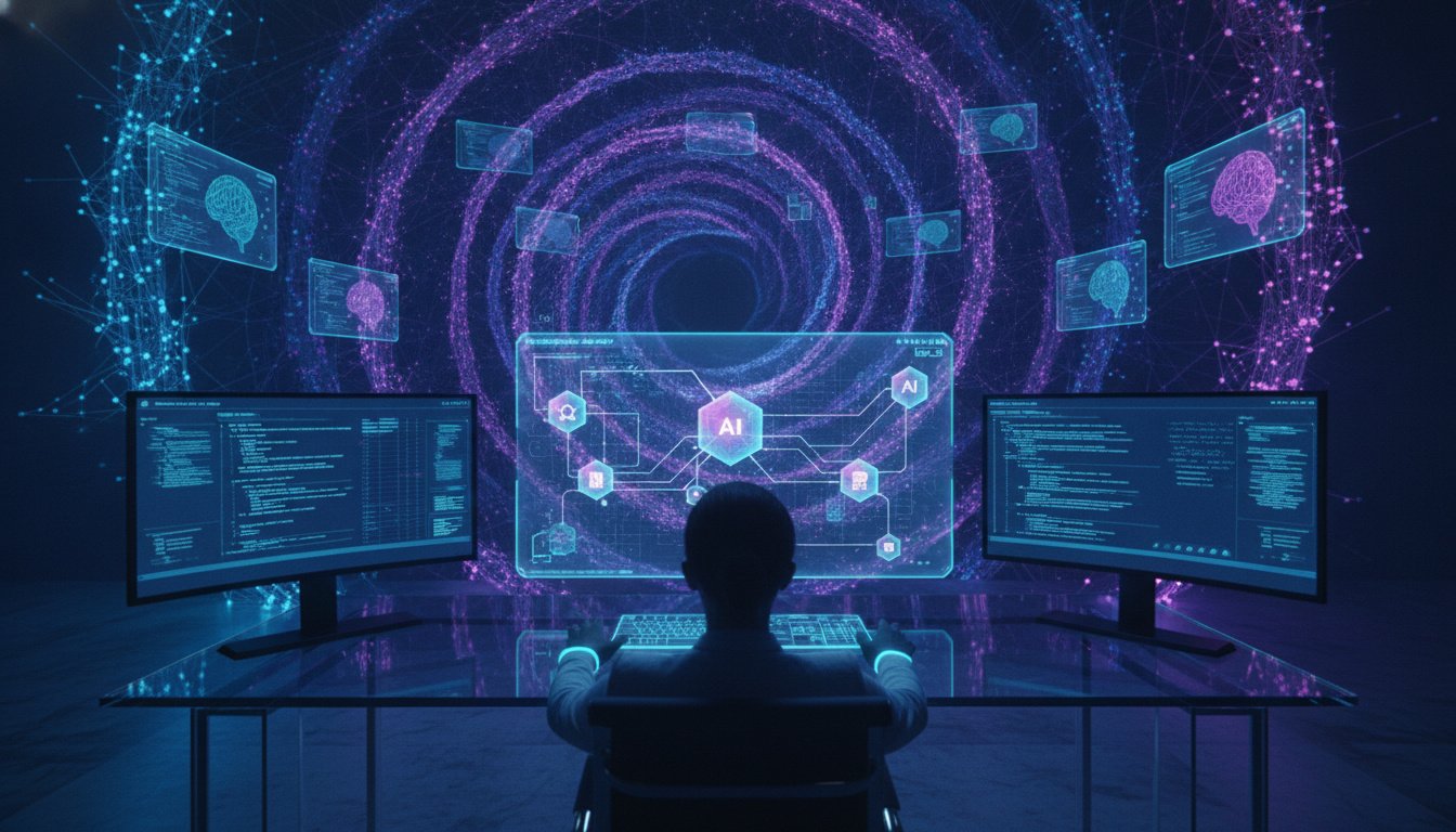 A professional, high-tech digital workspace showing a sleek software interface where custom AI model modules are being integrated. Futuristic glowing neural network background, 3D rendered icons of neural paths, sophisticated blue and violet lighting, cinematic composition, 4k resolution.
