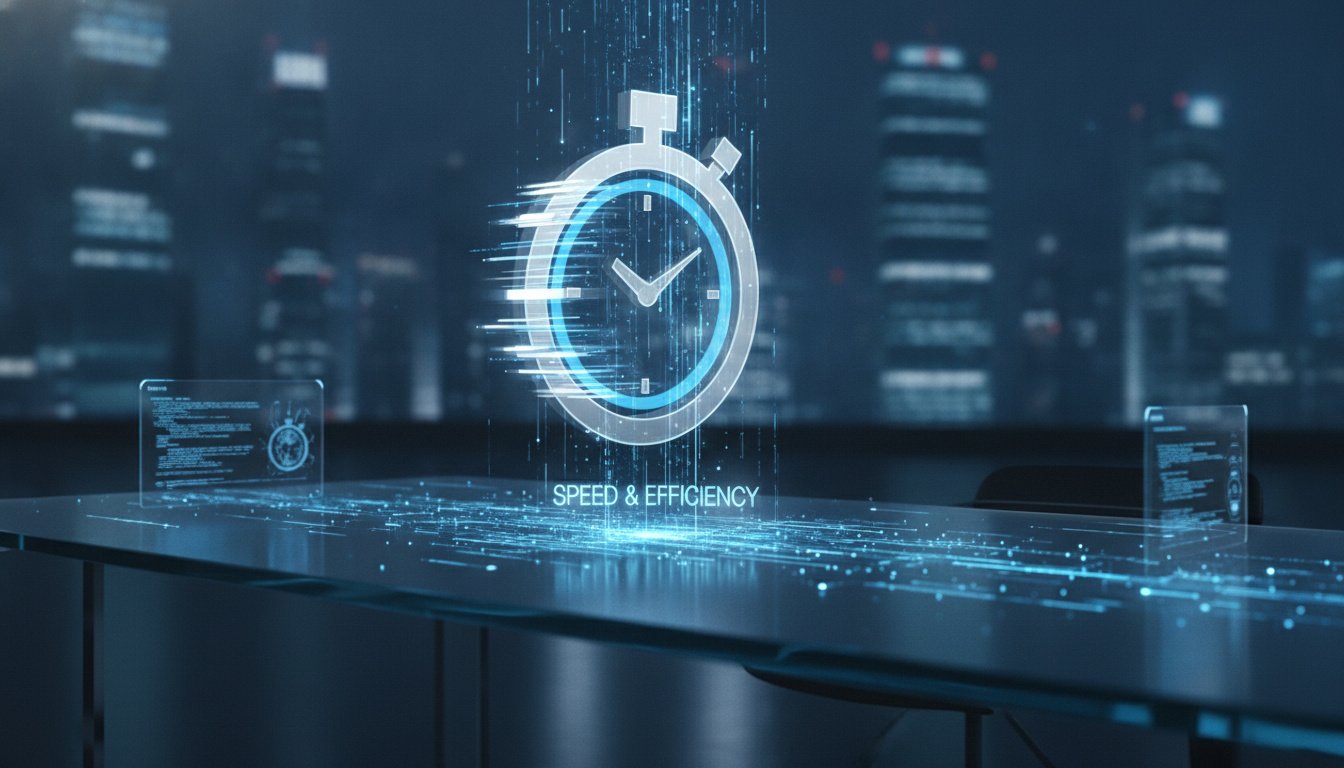 A professional and modern digital workspace background with abstract glowing data streams and a sleek 3D clock icon representing speed and efficiency, high resolution, minimalist tech aesthetic, blue and silver color palette.