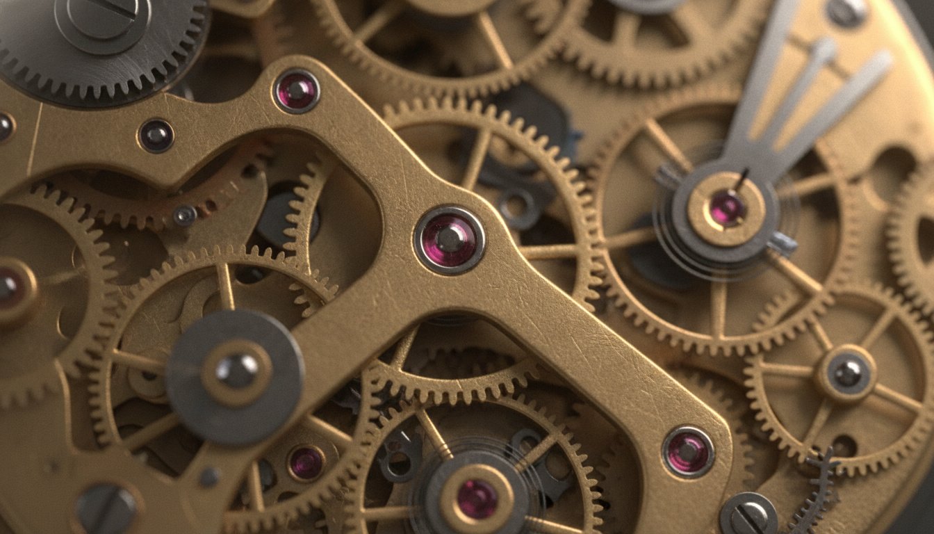 A hyper-realistic macro shot of complex metallic mechanical clockwork parts, showing intricate details and textures, sharp focus, cinematic lighting, 8k resolution, professional photography style, emphasizing ultra-high definition upscaling quality.