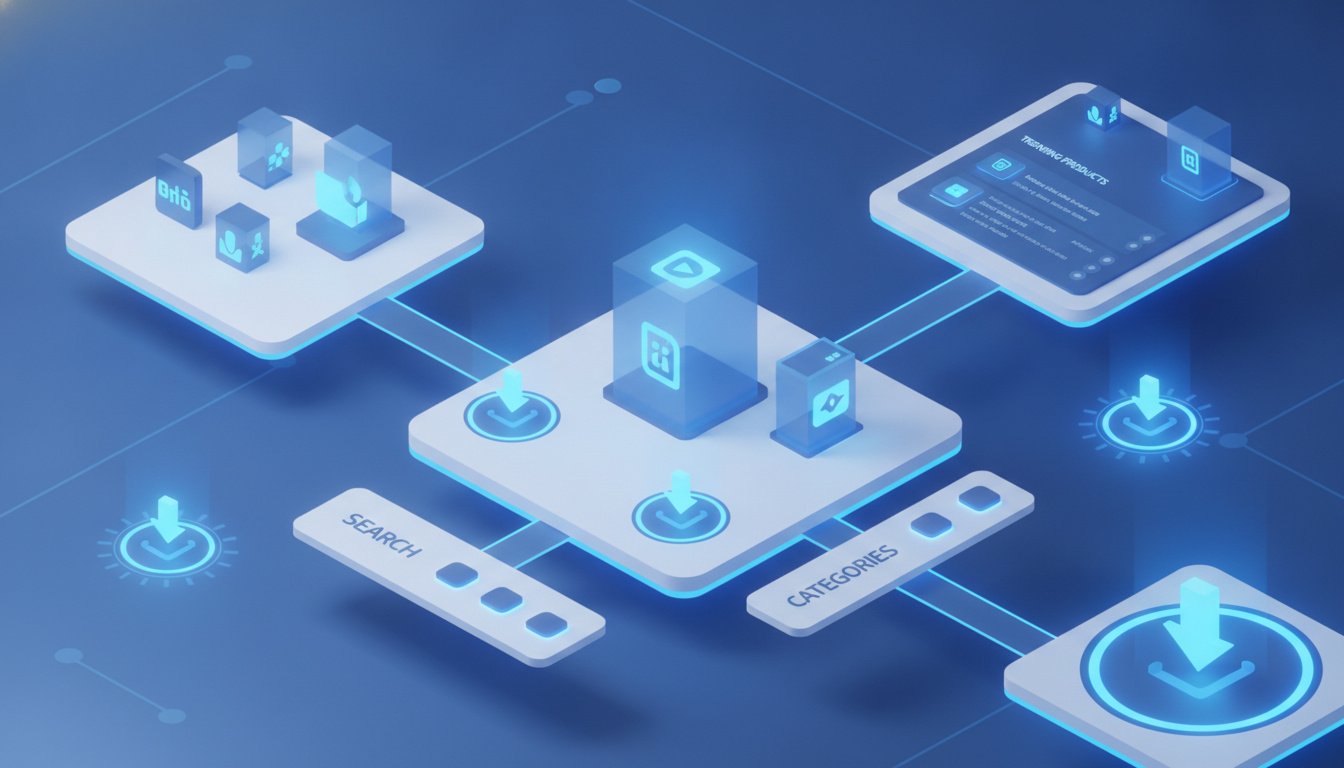 A professional 3D isometric illustration of a digital marketplace interface, featuring glowing download icons and digital product boxes, clean minimalist design with a blue and white color palette, high resolution, soft cinematic lighting, tech-oriented aesthetic.