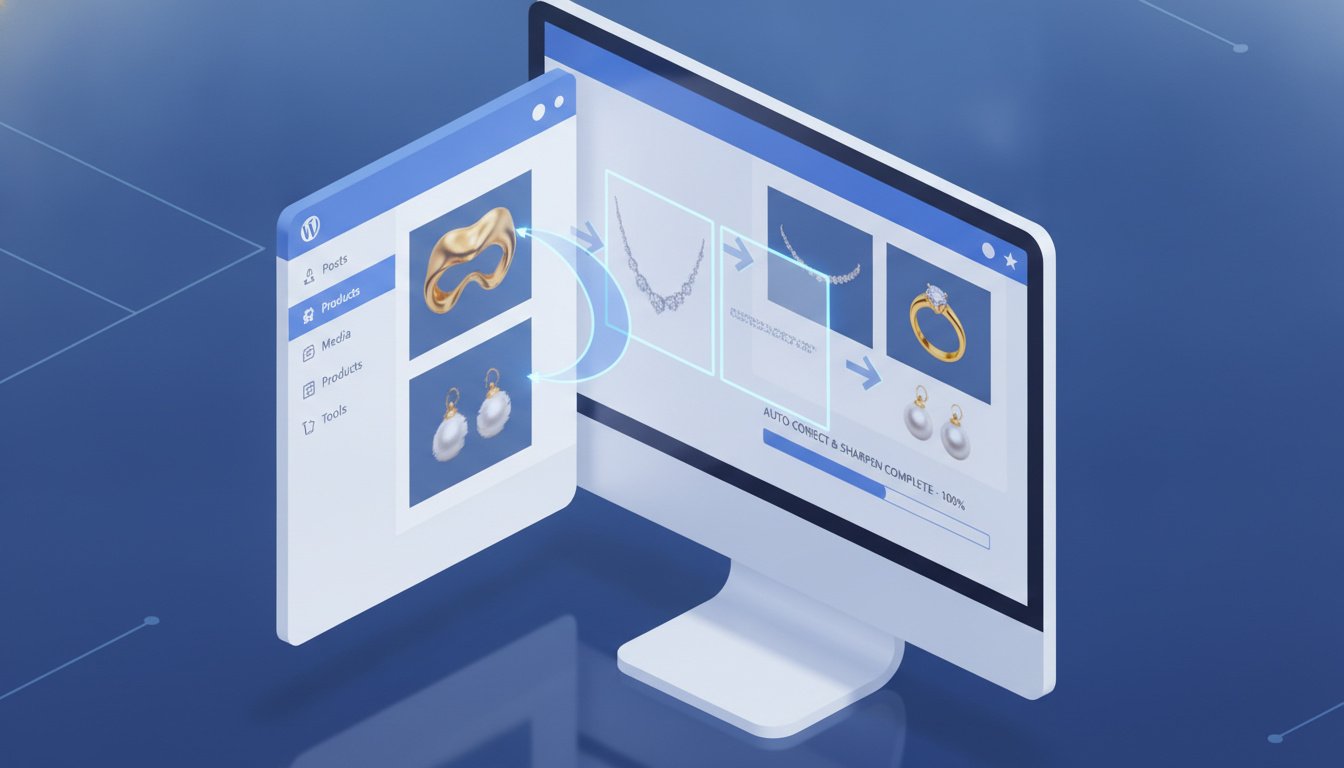 A high-quality 3D isometric illustration of a computer screen showing a WordPress dashboard where distorted jewelry images are being automatically corrected and sharpened into perfect square frames. Soft blue and white technology theme, clean UI design, professional studio lighting, 8k resolution.