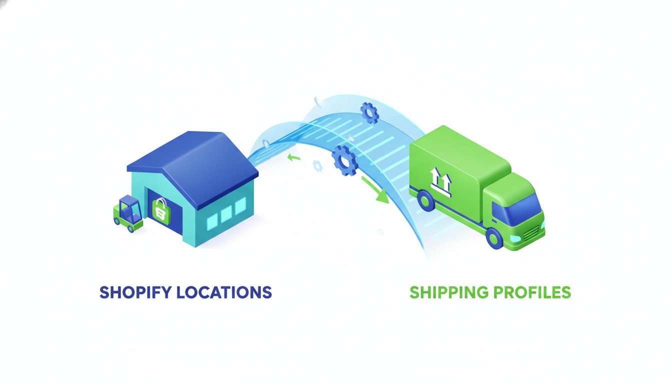 A professional 3D isometric digital illustration representing a bridge connecting a physical warehouse icon to a shipping truck icon, symbolizing the synchronization between Shopify locations and shipping profiles, vibrant blue and green corporate colors, clean white background, high-quality rendering.
