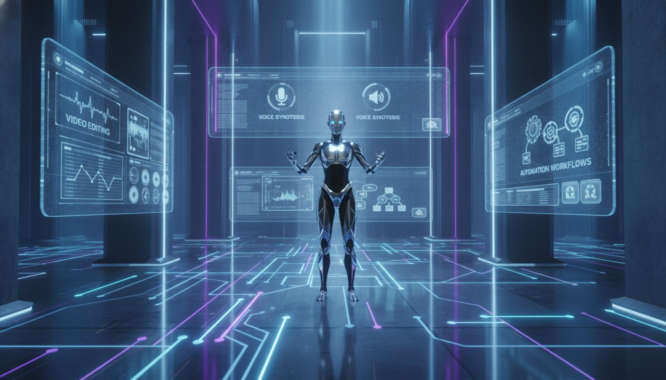 A high-tech digital factory environment with glowing circuit paths and floating holographic UI elements representing video editing, voice synthesis, and automation workflows. A professional 3D digital avatar stands in the center. Cinematic lighting, hyper-realistic, 8k resolution, corporate tech aesthetic with blue and purple neon highlights, symbolizing speed and efficiency.