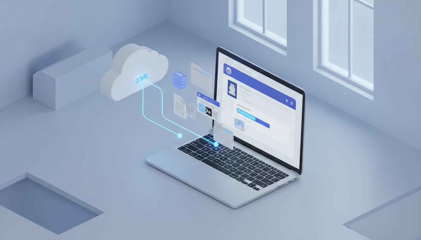 A professional 3D isometric illustration representing website migration to WordPress. A sleek, modern laptop screen showing a WordPress dashboard with a glowing blue 'Import' progress bar. Floating icons of XML files and media folders moving seamlessly from a cloud server into the laptop. Minimalist office background, soft cinematic lighting, blue and white color palette, 8k resolution, clean tech aesthetic.