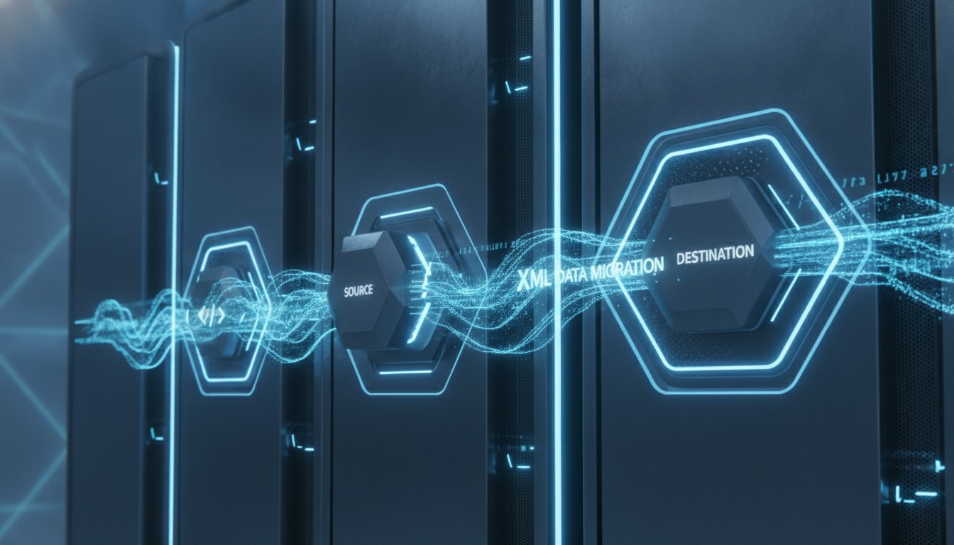 A professional 3D render of a futuristic server rack with glowing digital data streams transferring smoothly from one point to another, representing XML data migration, minimalist tech aesthetic, corporate blue lighting, high resolution, 4k.