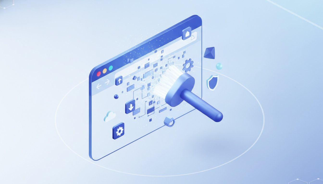 Professional 3D isometric illustration of a web browser window being cleaned by a digital brush, floating data fragments and icons, minimalist background, vibrant blue and white color palette, high resolution, soft studio lighting.