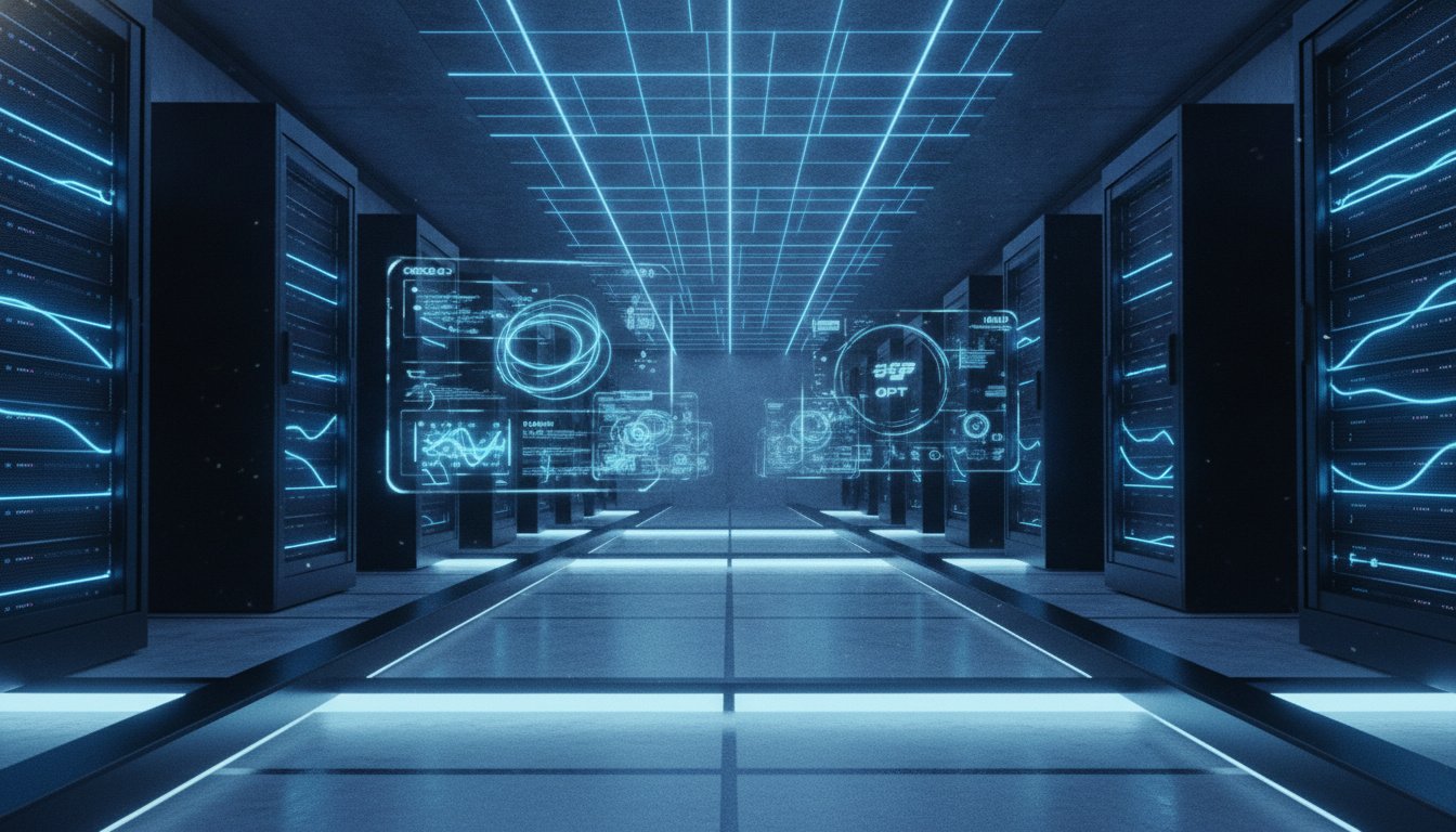 A futuristic and sleek high-speed server environment with glowing neon blue light trails, symbolizing rapid data processing and web optimization, minimalist UI elements floating in the air, 8k resolution, photorealistic.