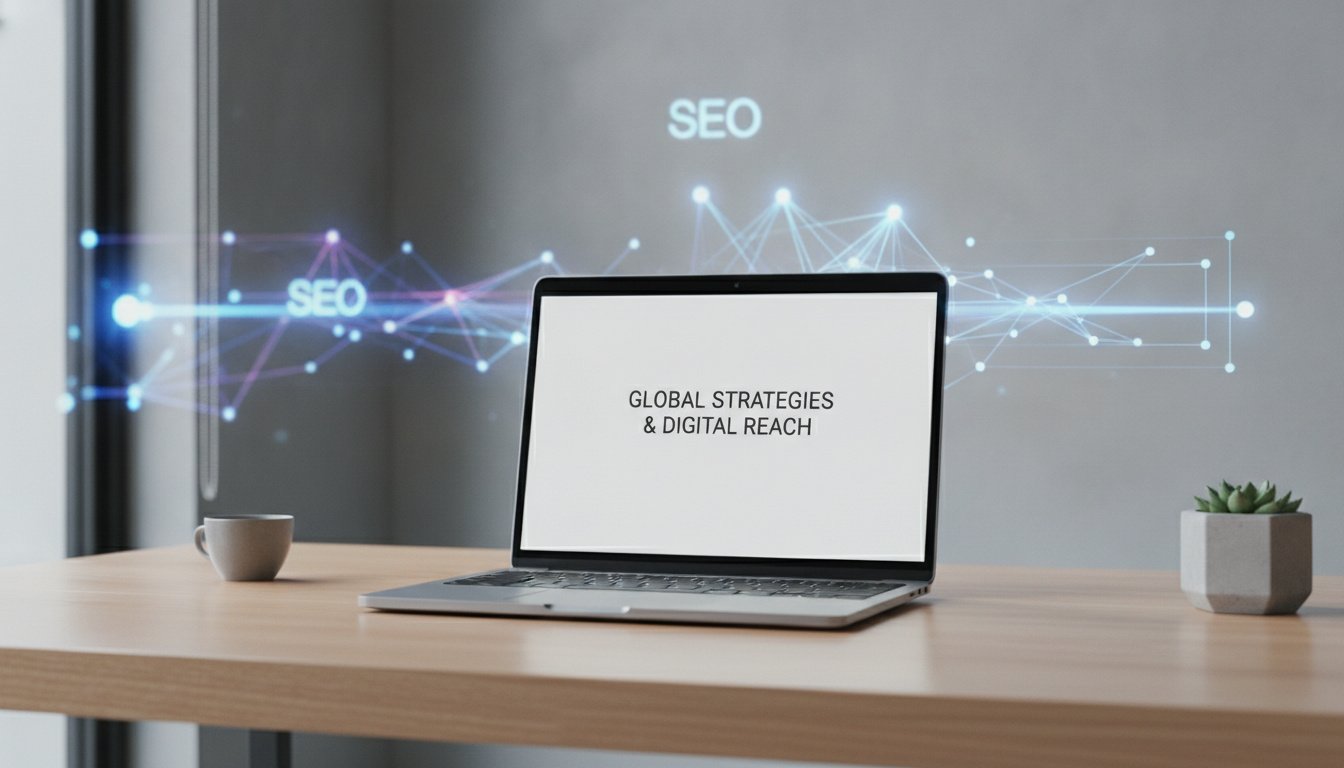 A professional and minimalist workspace with a sleek modern laptop displaying a clean writing interface, soft natural lighting, abstract digital network lines subtly integrated into the background to represent SEO connectivity and global reach, high resolution, cinematic photography style.