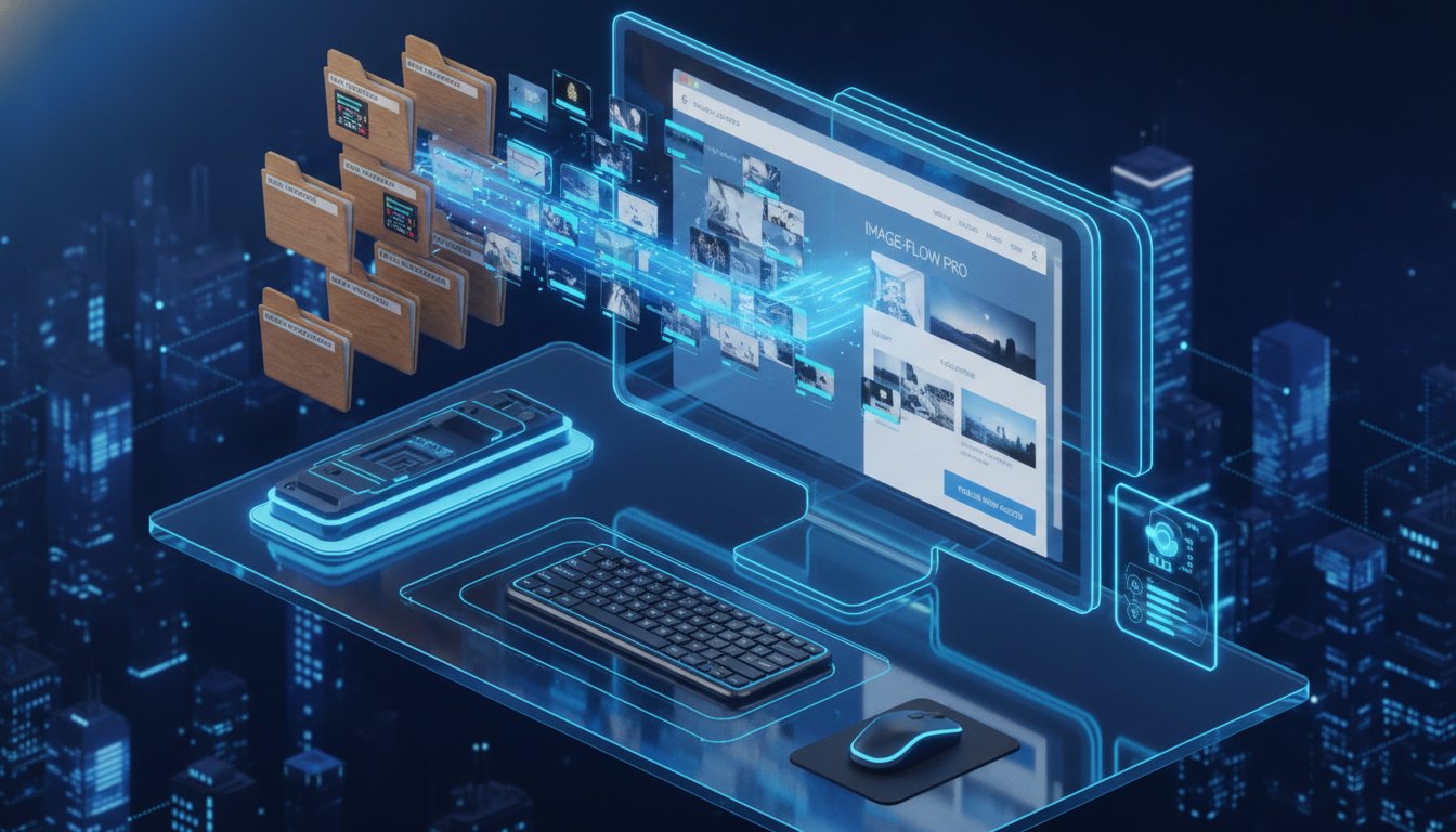 A sleek digital workspace showing a professional software interface processing thousands of image files simultaneously, transitioning from heavy folders to a fast-loading modern website, glowing blue accents, high-quality rendering, 3D isometric style.