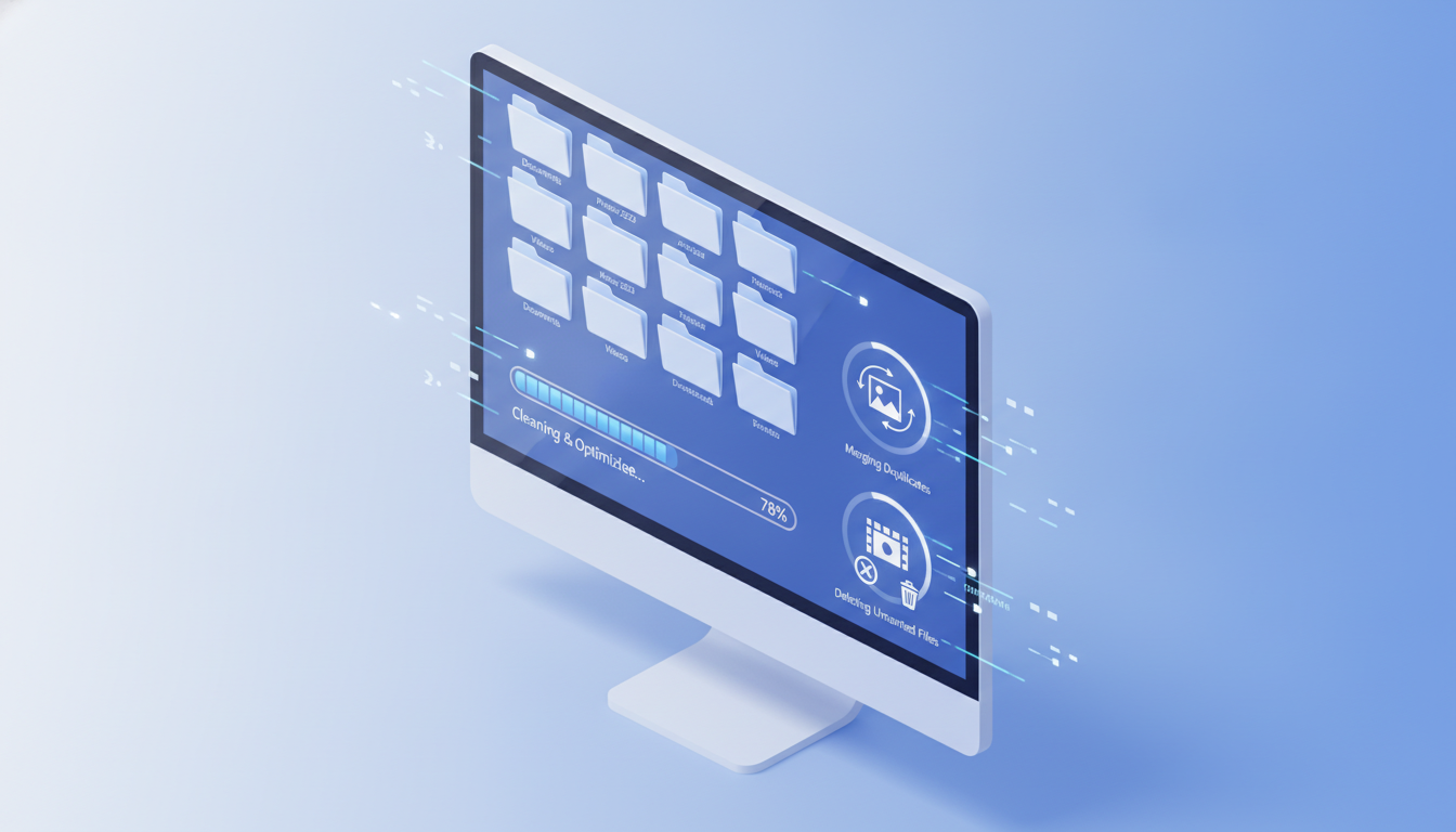 Professional 3D isometric illustration of a computer screen displaying organized file folders and a cleaning progress bar. Symbols of duplicate photos and videos being merged or deleted. Clean, modern aesthetic with soft studio lighting, blue and white color palette, representing digital decluttering and high-speed data management.