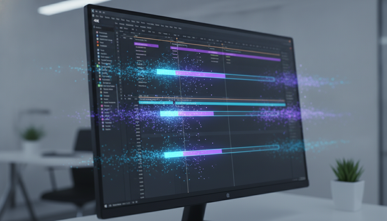 A professional cinematic close-up of a sleek computer screen displaying video editing software with high-quality rendering bars, glowing digital particles representing high-speed data processing, 4k resolution, vibrant technological blue and purple color palette, minimalist office background.