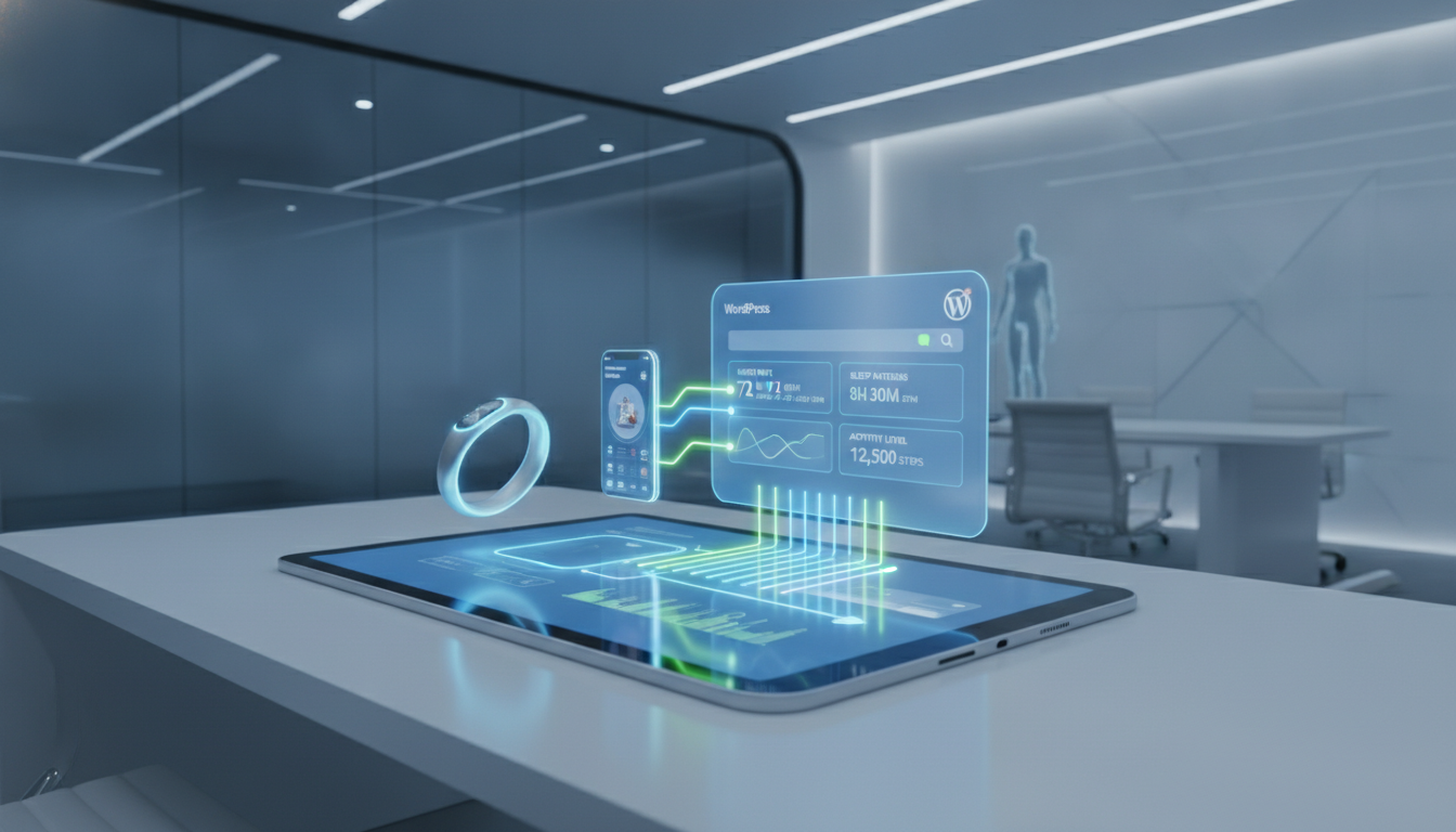 A futuristic digital health dashboard on a sleek tablet screen, displaying health metrics like heart rate and sleep patterns from wearable devices. Glowing digital data lines connecting an Oura ring and a smartphone to a professional WordPress interface. High-tech medical office background with cinematic lighting, clean 3D isometric style, minimalist and professional atmosphere.