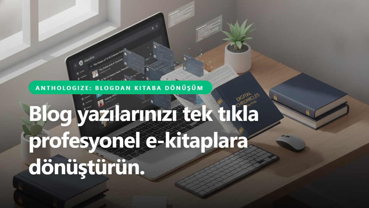 A professional 3D isometric illustration showing a laptop screen with a WordPress dashboard, where blog posts are flying out and transforming into a neatly bound, elegant hardcover book. The background is a clean, modern workspace with soft lighting, symbolizing digital publishing and organization.